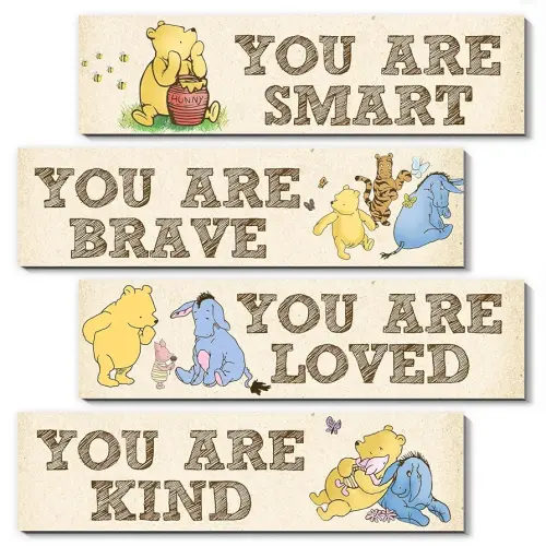Winnie Room Decor- the Pooh Sign-Wooden Baby Stuff-Vintage Nursery Decor-4PCS Wall Decor Wall Art(Classic)-You Are Kind Brave