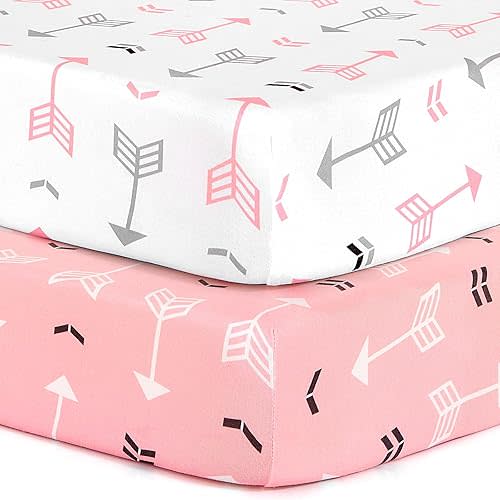 Stretchy Fitted Pack n Play Playard Sheet Set BROLEX 2 Pack Portable Mini Crib Sheets,Convertible Playard Mattress Cover,Ultra Soft Material,Pink White Arrow