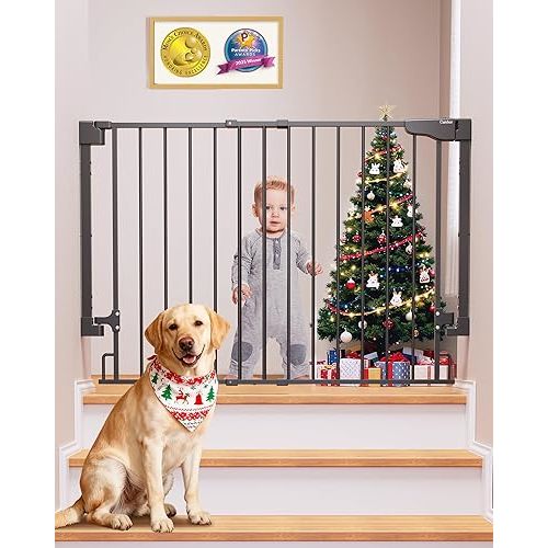 Cumbor 29.2–43" Baby Gate for Stairs, Wall-Mounted (Drill Required), Expandable No Bottom Bar Dog Gate, Auto Close Extra Wide Walk Thru, Pet & Toddler Proof Gate, Top & Bottom of Stairways(Black)