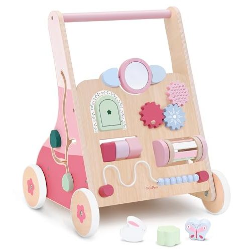 PairPear Wooden Baby Walker Push and Pull Learning Activity Walker,Toddler Sit to Stand Push Walker Toys Gift for Baby Boys and Girls 12 m+ (Pink Rabbit)