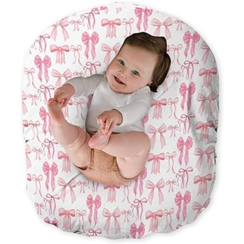 Newborn Lounger Pillow Cover Watercolor Pink Bows, Cute Ribbon Bowknot Baby Girls Shower Gift Removable Slipcover, Soft Snug Fit Infant Nursing Pillowcase (Lounger Not Included)