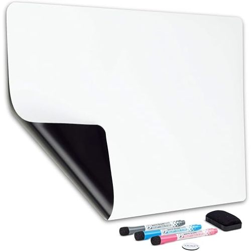 YES4QUALITY Magnetic Dry Erase Whiteboard Sheet for Fridge 19x13 in, with Stain Resistant Technology, Includes 3 Fine Tip Markers & Big Eraser with Magnets, Refrigerator White Board Planner