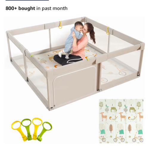 Mloong Baby Playpen with Mat, 59x59 Inches Extra Large Playpen for Babies and Toddlers, Indoor & Outdoor Activity Center, Safety Baby Fence with Gate