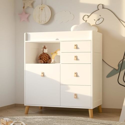 Nursery Dresser with 5 Drawers, Baby Dresser with Detachable Top Guard & Open Shelves, Infants Nursery Storage Organizer Dresser for Bedroom, White (33.5" W x 18" D x 39" H)