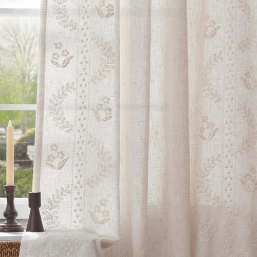 jinchan Lined Linen Blend Curtains Boho Floral Curtains for Bedroom 84 Inch Length Ivory Embroidered Drapes Rod Pocket Farmhouse Flower Drapes for Living Room Window Treatments Set 2 Panels