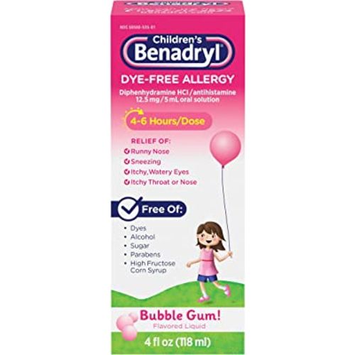 Children’s Benadryl Antihistamine Allergy Relief, Dye-Free Liquid, Bubble Gum Flavored, 4 Oz