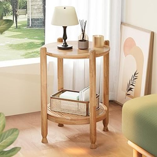 NSdirect Round End Table for Living Room, 2-Tier Rustic Wood Center Table for Home Decor with Boho Woven Rattan Storage Shelf | Modern Farmhouse Design, Natural Wood Grain