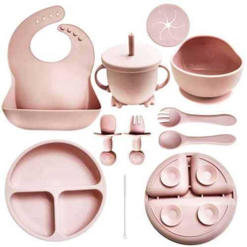 HippoBaby 10 piece Silicone Baby Feeding Set with Bib, Suction Bowl & Plate, Spoons Fork & straw cup