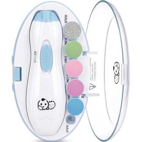 Royal Angels Upgraded 6 in 1 Baby Nail Trimmer with Labeled Case, 4 Colored Pads for Newborns to Toddlers, Whisper Quiet Electric Nail File with LED Light, Safe Manicure Set for Families (Babyblue)