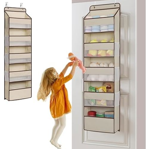 Over the Door Organizer Storage 5 Shelves 1 Pack, Heavy Duty Organizer Hanging with Breathable Mesh, Behind the Door Storage Organizer for Bedroom, Nursery, Pantry (Beige)
