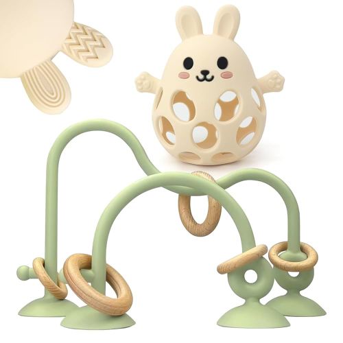 Baby High Chair Suction Toys Teething Chew - Baby Teething Toys Silicone Teethers Table Toys, Food Grade Silicon for 6 12 18 Months (GreenCream)
