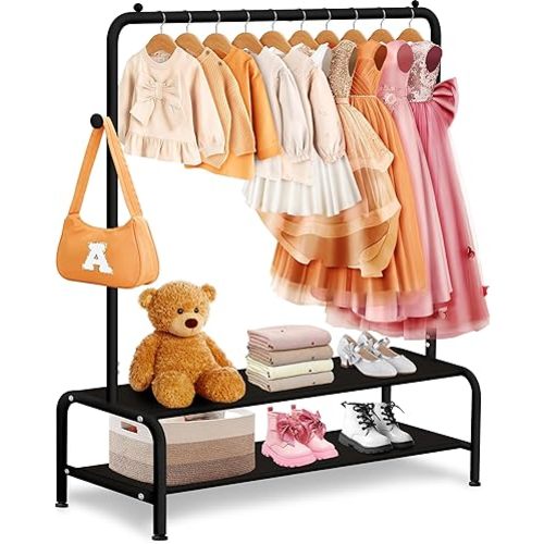 Kids Clothing Rack - Small Garment Rack - Small Kids Costume Wardrobe Rack with 2 Fabric Floors Storage Shelf - Mini Short Baby Toddler Clothes Rack