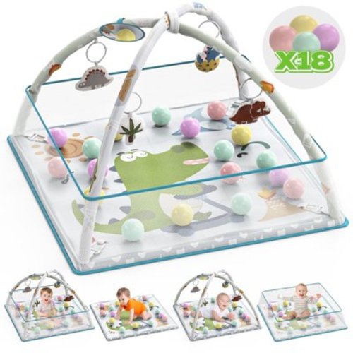 WonderStone 5-in-1 Baby Gym & Play Mat, Tummy Time Toys with Sensory Toys & 18 Balls for Newborns and Infants 0-12 Months, Dinosaur