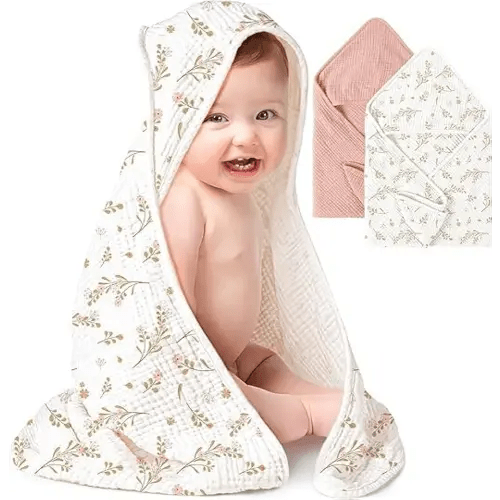 Konssy 2-Pack Muslin Hooded Baby Towels, 100% Cotton, Ultra-Soft & Absorbent Baby Bath Towels with Hood for Newborn & Infant (Pink, Floral,30" x 30")
