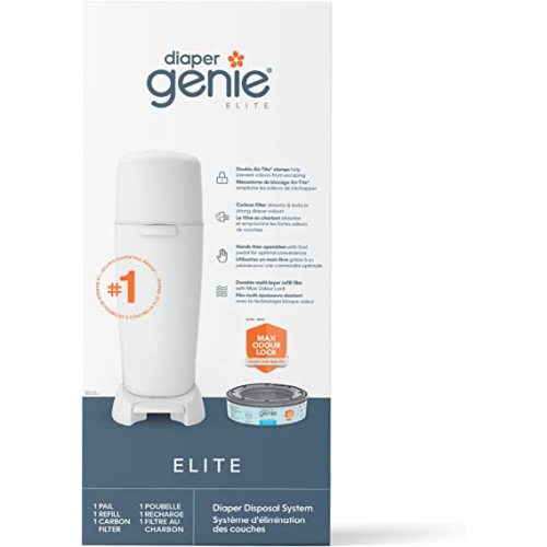 Diaper Genie Elite Diaper Pail (White) – Hands free operation | Includes 1 Diaper Trash Can, 1 Refill Bags, 1 Carbon Filter