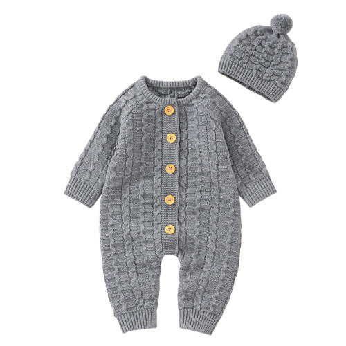 Rgdypko Newborn Infant Boy Girl Solid Knitted Sweater Baby Jumpsuit Romper Caps Outfits Sets Clothes Size 6-9 Months