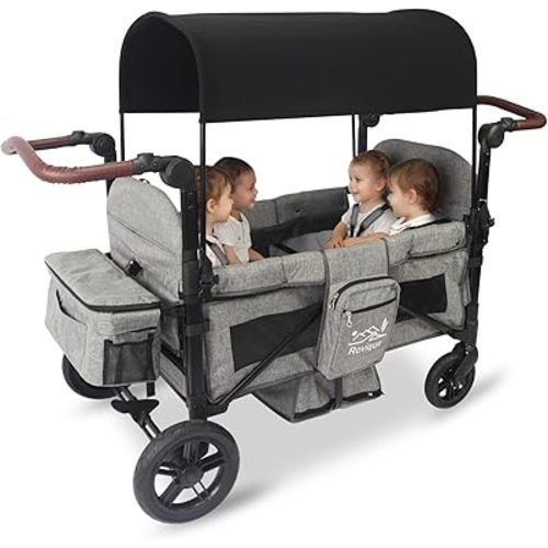 4 Seater Wagon Stroller, All-Terrain Stroller Wagon for 4 Kids with Extra Long Extender, Aluminum Foldable Baby Wagon with Large Storage Bag, Removable Canopy, Snack Tray, Adjustable Push/Pull Handle
