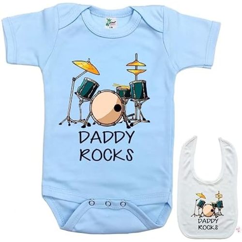 Daddy Rocks -Cute Drums Music Newborn Infant Baby bodysuit outfit onesie & bib