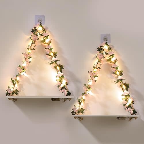 Floating Shelves for Wall No Drilling,Wall Dcorations Art,Hanging Shelf,Leaves and Light Strip with Flower,Set of 2 Plant Decor for Home House Livingroom Bedroom Officer,Boho Decor,Gifts for Woman