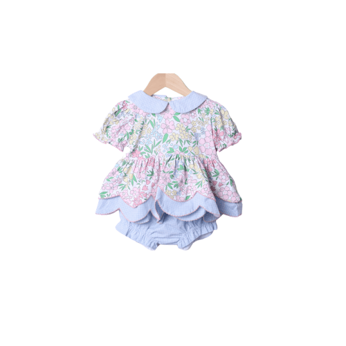 Pretty Blue Floral Scalloped Knit Bloomer Set