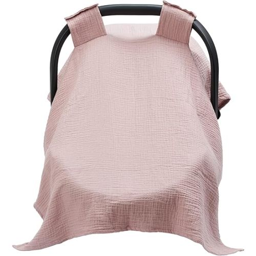 Meracorallo Muslin Baby Car Seat Cover, 100% Organic Cotton Infant Carrier Cover, Lightweight Breathable Soft Carseat Canopy for Baby Boys and Girls (Pink)