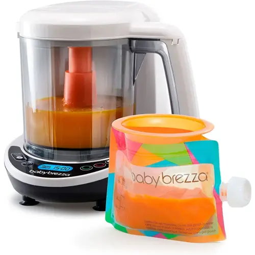 Baby Brezza One Step Baby Food Maker Deluxe – Auto shut Off, Dishwasher Safe Cooker and Blender to Steam + Puree Organic Food for Infants + Toddlers - Set of 3 Pouches + 3 Funnels