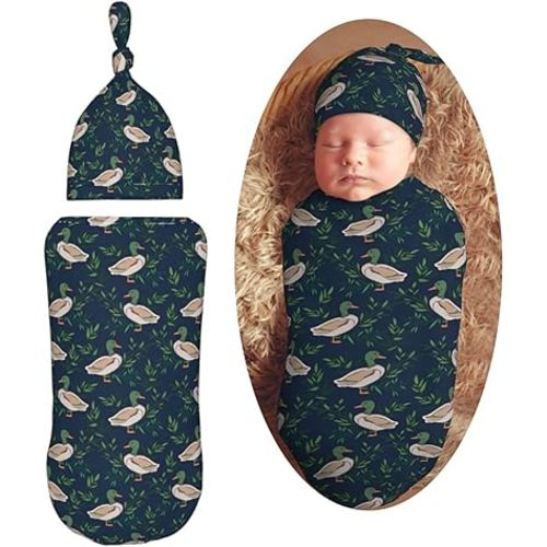 KiuLoam Cute Farm Animal Mallard Duck Newborn Swaddle Set with Matching Hat, Newborn Receiving Blanket Soft Unisex Infant Swaddle Wrap for Baby Boys and Girls