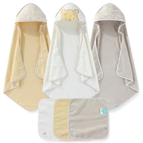Disney Baby Winnie the Pooh Unisex Hooded Baby-Bath Towel with Washcloths 6 Piece Set for Newborn and Infants