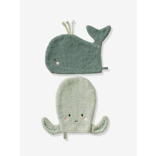Pack of 2 Bath Mitts, Under the Ocean - blue medium solid with design, Baby