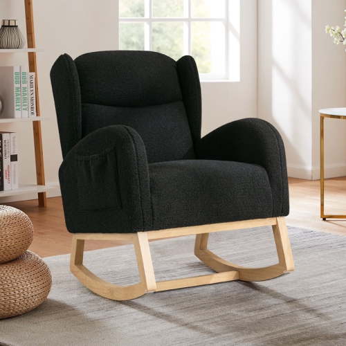 Timbernest Rocking Chair for Nursery, Accent Chair with Side Pocket, Wingback Rocker Glider with High Backrest, Black Teddy