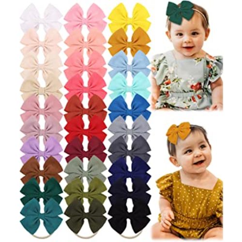 jollybows 30pcs Baby Girls Hair Bows Headband Nylon Hair Band Elastic Hair Accessories for Kids Infants Toddlers