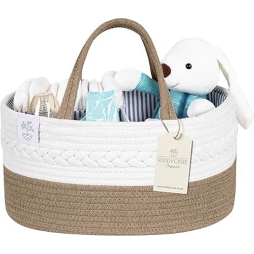 KiddyCare Diaper Caddy Baby Organizer Cart for Nursery | Car Diaper Caddy for Baby Boy/Girl | Baby Bath Storage/Shower Basket Gift for Changing Table with Handle Lid | Diaper Holder | Natural Large