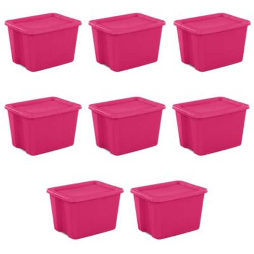 Sterilite 18 Gallon Plastic Clear Storage Container with Snap-On Lid, Pink, 8 Pack