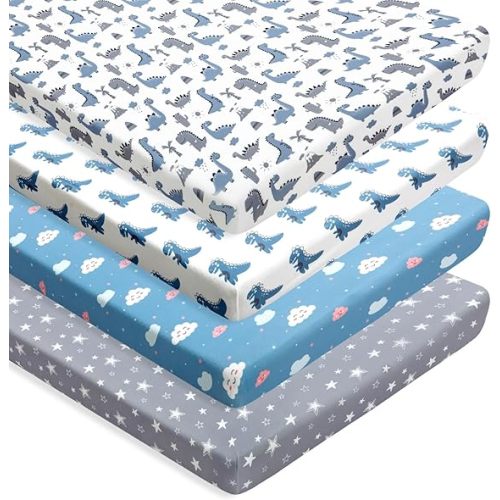 4 Pack Soft Baby Boy Crib Sheets for Standard Crib Mattress Dinosaur Star Cloud Soft Neutral Unisex Fitted Crib Sheets Set for Baby Boys