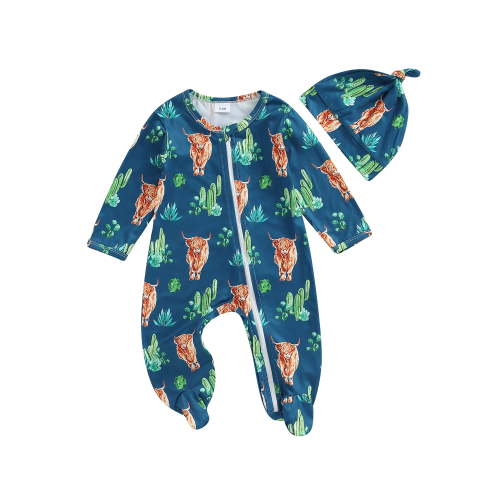 Qtinghua Western Baby Boy Girl Clothes Infant Footies Romper Cow/Horse Long Sleeve Zipper Jumpsuit with Hat Cowboy Outfit