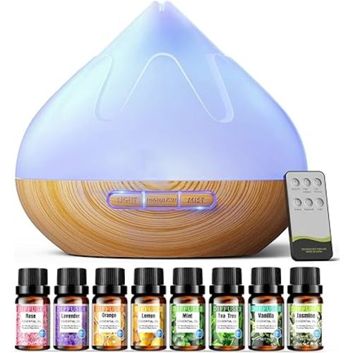 Aroma Diffuser with Essential Oils Set, 500 ML Essential Oil Diffuser with Remote Control, Humidifier with 14 Color Lights for Large Room, 4 Timer Setting, Auto Shut-Off