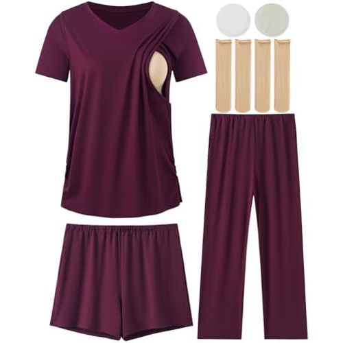 DANSHOW 5 Piece V Neck Maternity Nursing Pajamas Set Postpartum Pjs Breastfeeding Sleepwear, Nursing Breast Pads & Socks