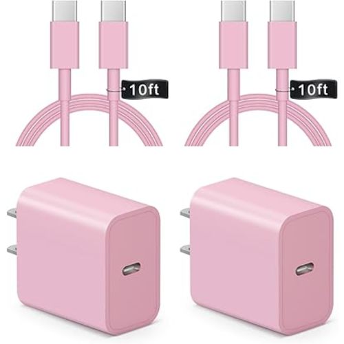 iPhone 17 16 15 Charger Fast Charging 10FT - 2 Pack 20W USB C Charger Block with Type C Cable Compatible with iPhone 17/17 Pro/17 Pro Max/Air/16/16e/15, iPad Pro, Air M3/M2/5/4, 11th/10th（Pink）