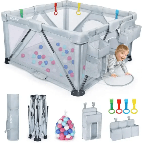 Baby Playpen: Foldable Playpen for Babies and Toddlers Large Play Pen Portable Playpen Fence Indoor Outdoor Kids Safety Area Travel Play Yard with 2 Storage Bags 4 Handlers 50 Balls (50" × 50")