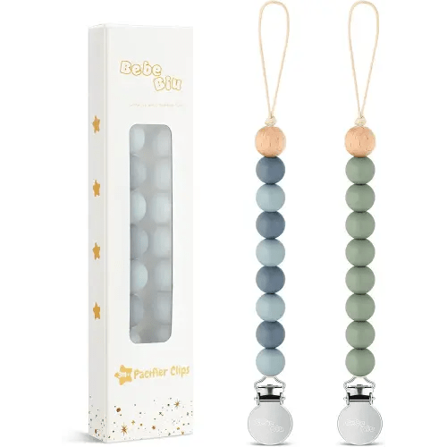 2 Pack Pacifier Clips, Silicone Pacifier Clip for Baby Boys and Girls, Baby Pacifier Strap with Silicone Beads, Soother Dummy Holder, Pacifier Holder, Keeps Pacifier Clean (Beau/Sage)