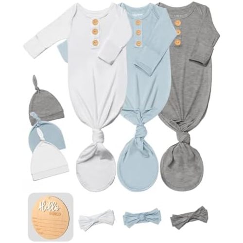 3 PK Baby Knotted Gowns Set with Mittens, Hats, Headbands & Wooden Name Tag for Breathable Newborns Going Home Outfit