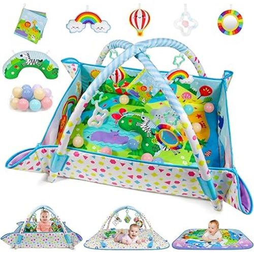 Dr.Rapeti Baby Play Gym Mat Animal Planet with Ball Pit Activity Gym Center Tummy Time Mat Thickened Mat Sensory Exploration Motor Skill Development for Newborn Infant Baby Toddler