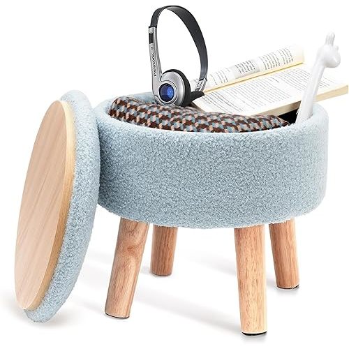 Poofzy Ottoman with Storage, Storage Ottoman, Small Foot Stool Ottoman with Wood Legs, Teddy Velvet Foot Rest for Couch, Living Room and Bedroom - Light Blue