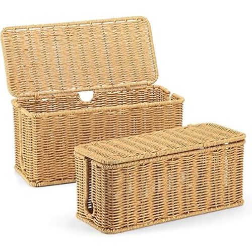 ZhiYo Rattan Cable Management Box, Brown Desk Cord Organizer, 2 Pack (M&L)