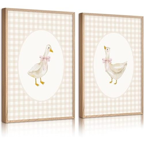 Nursery Goose Wall Art Girl Coquette Canvas Wall Decor Baby Room Wall Art Pink Bow Pictures Vintage Prints Duck Gingham Poster Girl Nursery Painting for Bedroom Living Room 12x16x2 Inch Unframed