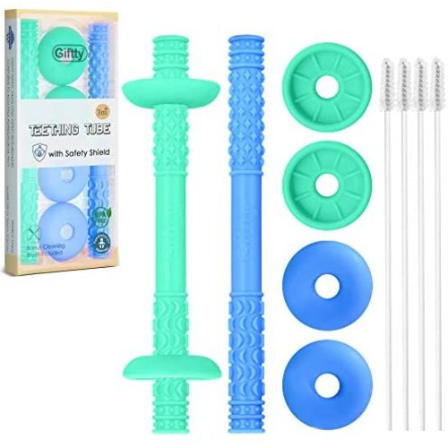 Teething Tube with Safety Shield Baby Hollow Teether Sensory Toys Gum Massager, Food-Grade Silicone for Infant 3-12 Months Boys Girls, 1 Pair with 4 Cleaning Brush Included (Emerald+Blue)