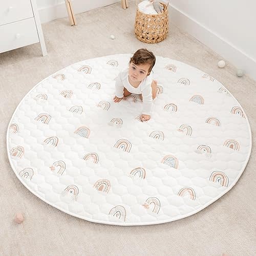 Comfy Cubs Premium Play Mat, Round (Large) 60"- Soft and Comfortable Kids & Toddler Play Mat with Non-Slip Bottom - Plush Quilted Top Baby Mat for Floor for Playtime and Relaxation - Rainbow