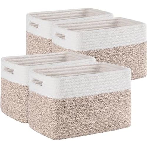 4 Pack Storage Baskets for Organizing, Woven Baskets for Shelves - Perfect for Toys, Books, Towels, and Clothes, Durable Gift Basket Bins Toy Storage, 12.7''Lx9''Wx7.8''H, Brown & White