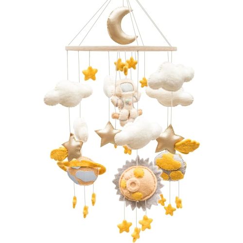 Glaciart One Space Nursery Mobile - Neutral Decor for Crib, Baby Rooms - Handmade, Child-Safe Wood, Felt Wool, Cotton & Leatherette- Solar System Decoration for Girls & Boys - 50Inch Hanging String