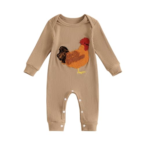 Tsnbre Newborn Boy Girl Outfits Rib Knit Romper Long Sleeve Farm Chicken Bodysuit 0 3 6 9 12 Months Netural Baby Clothes
